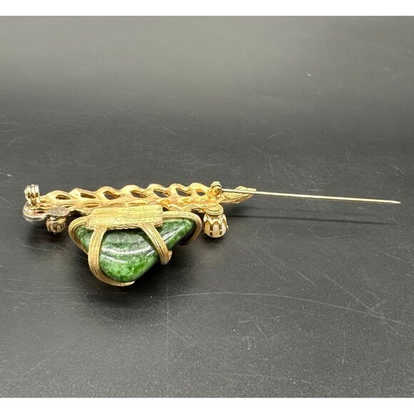 Vintage Brooch Pin Kramer New York Green Stone Cultured Pearl Leaf Gold Tone 60s - Picture 5 of 10